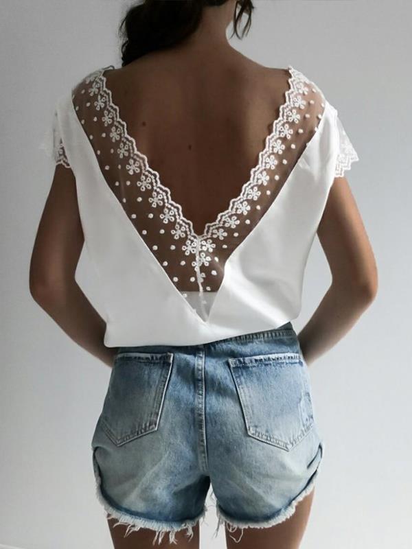 Plain cut-out lace deep V woman Short Sleeve T-shirts