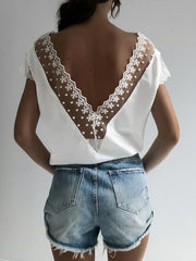 Plain cut-out lace deep V woman Short Sleeve T-shirts