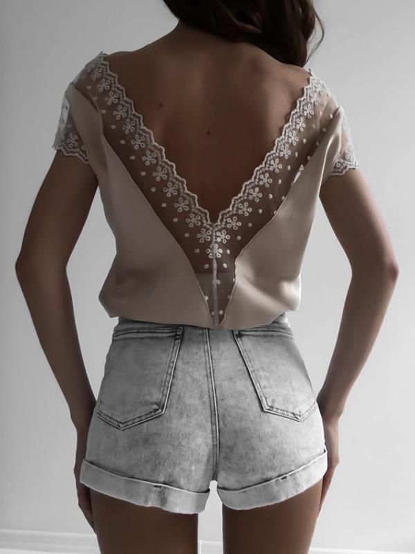 Plain cut-out lace deep V woman Short Sleeve T-shirts
