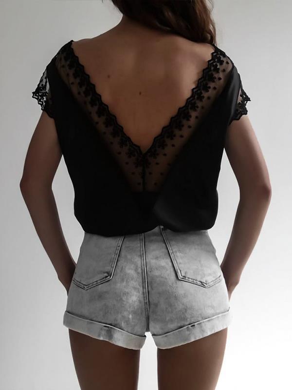 Plain cut-out lace deep V woman Short Sleeve T-shirts