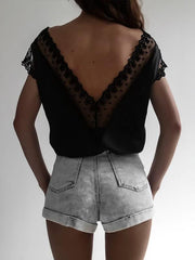Plain cut-out lace deep V woman Short Sleeve T-shirts