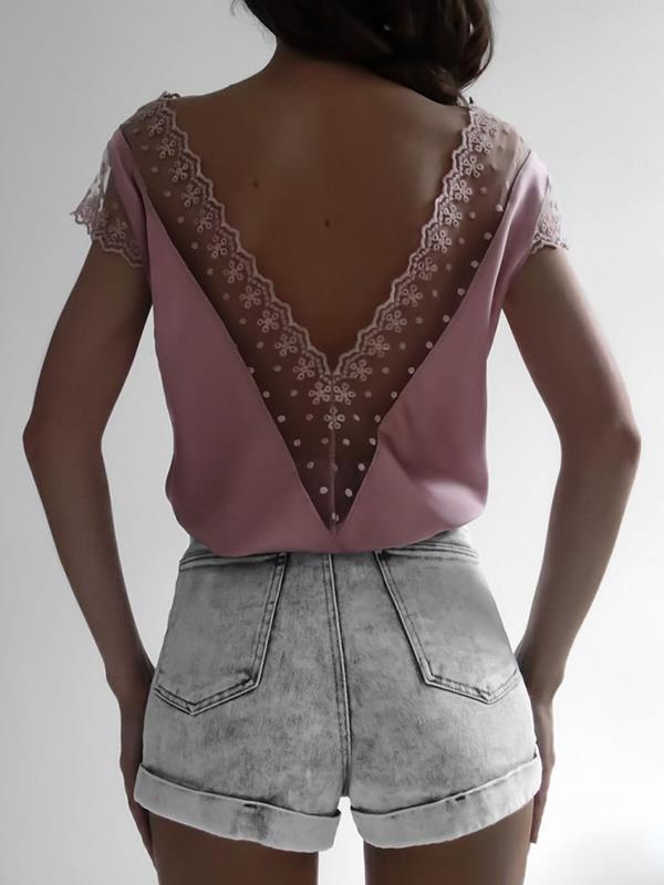 Plain cut-out lace deep V woman Short Sleeve T-shirts
