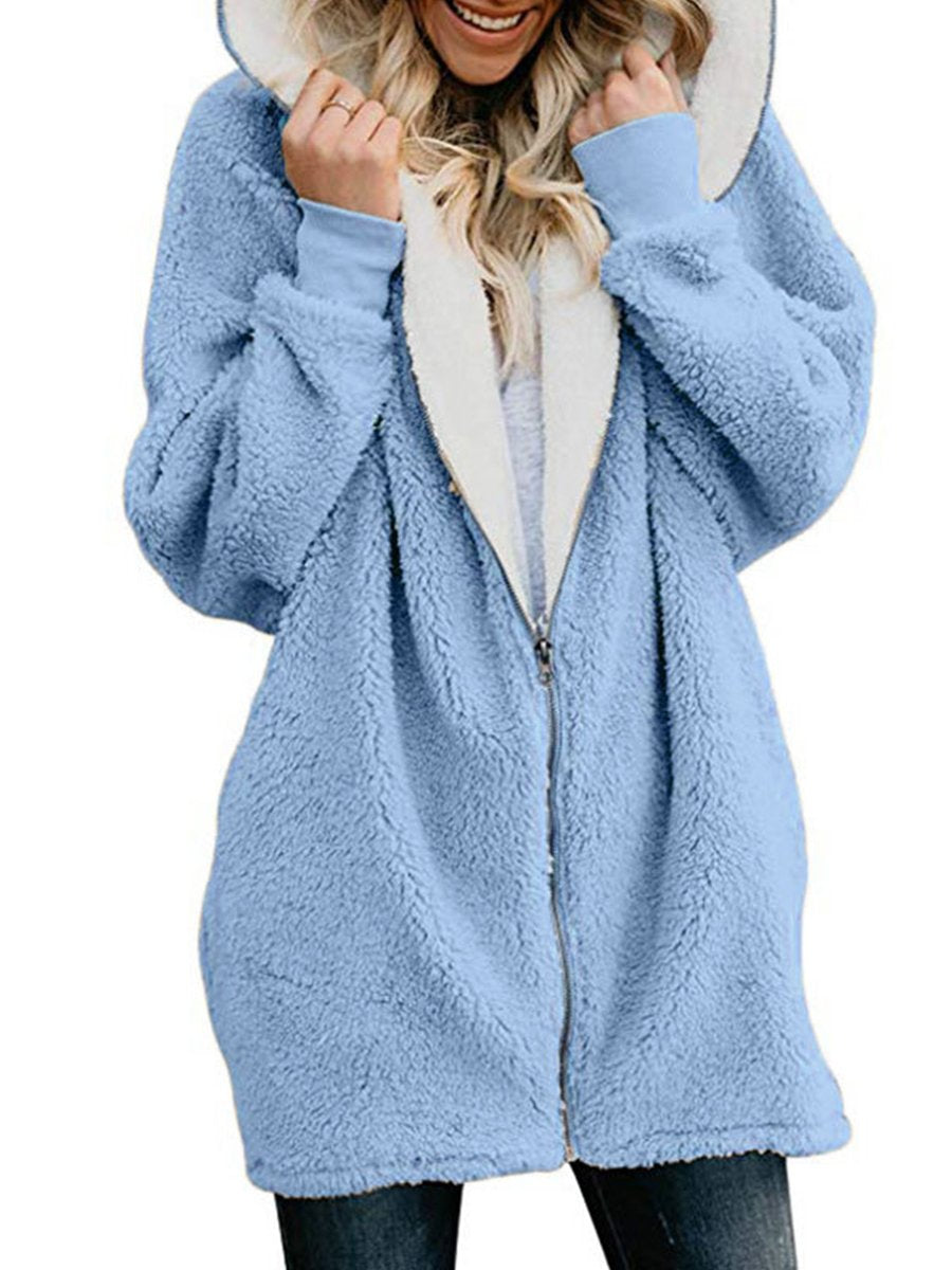 Plain Woman Fashion Hooded Zipper Daily Coats