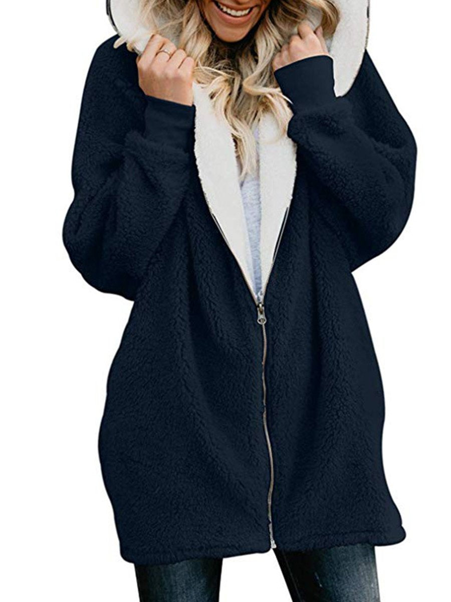 Plain Woman Fashion Hooded Zipper Daily Coats