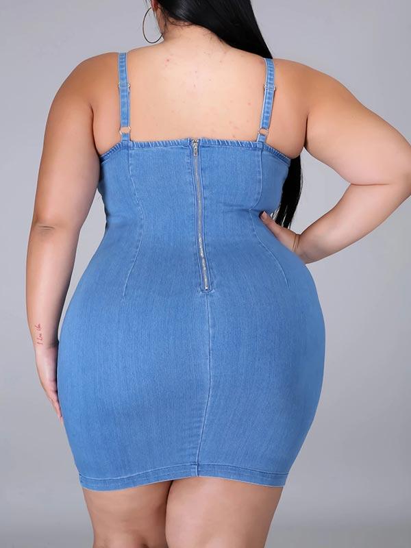 Plus Size Denim Solid Color Halter Mini Dress