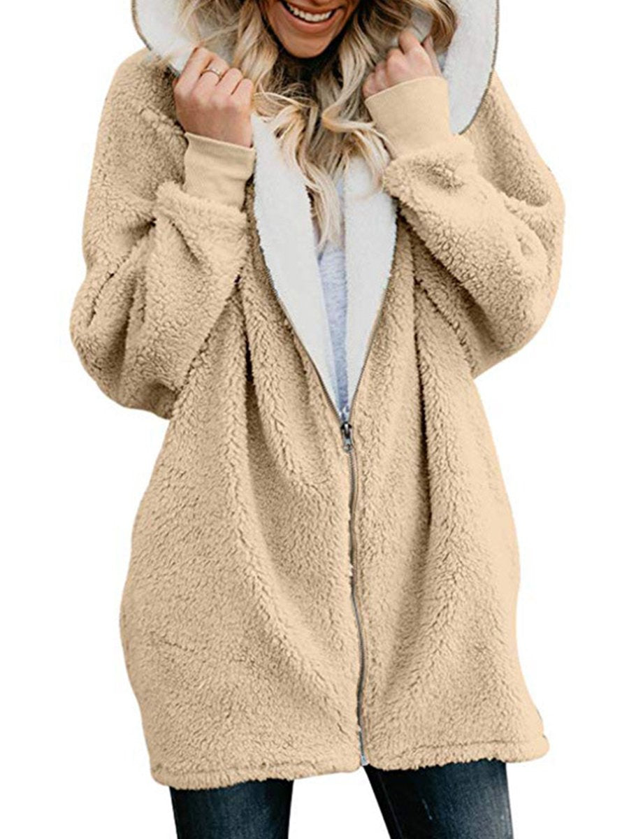 Plain Woman Fashion Hooded Zipper Daily Coats