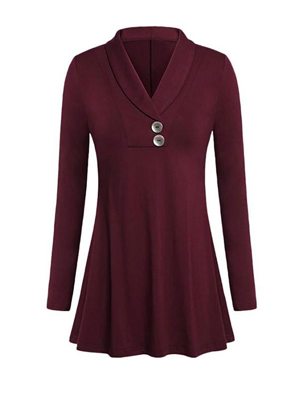 Polo Collar Loose Fitting Plain Long Sleeve T-Shirt