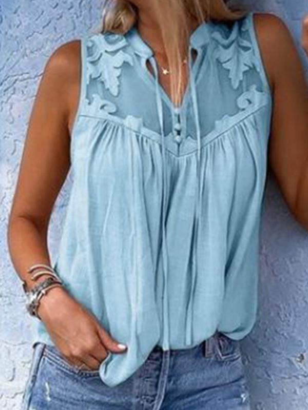 Pleated sleeveless collared lace v-neck sleeveless blouses