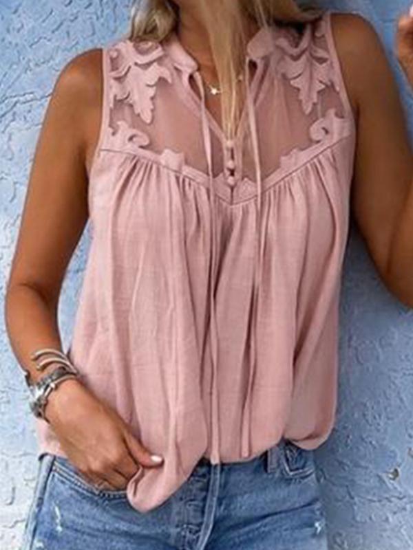 Pleated sleeveless collared lace v-neck sleeveless blouses