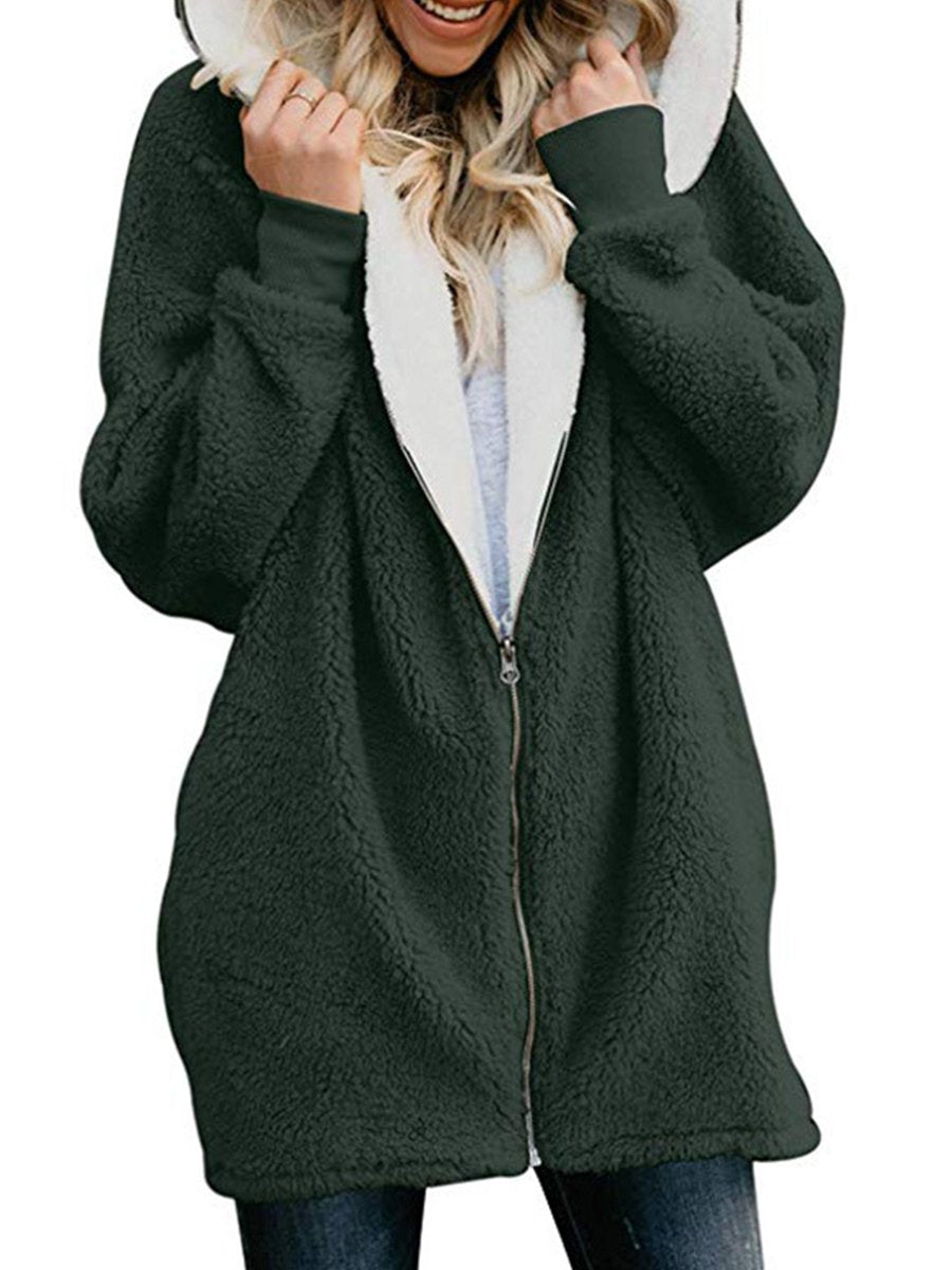 Plain Woman Fashion Hooded Zipper Daily Coats