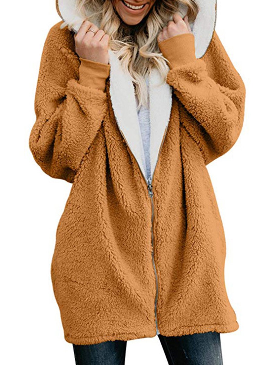 Plain Woman Fashion Hooded Zipper Daily Coats