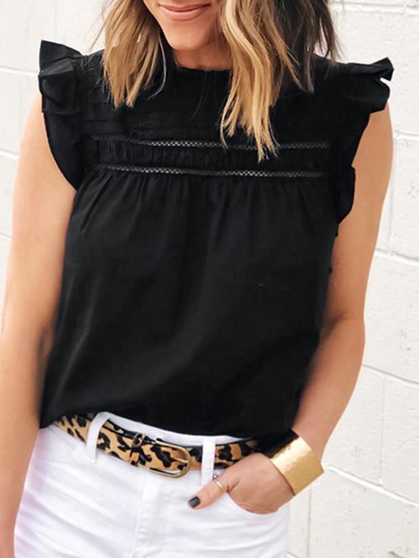 Plain color patchwork collar petal short sleeve T-shirts