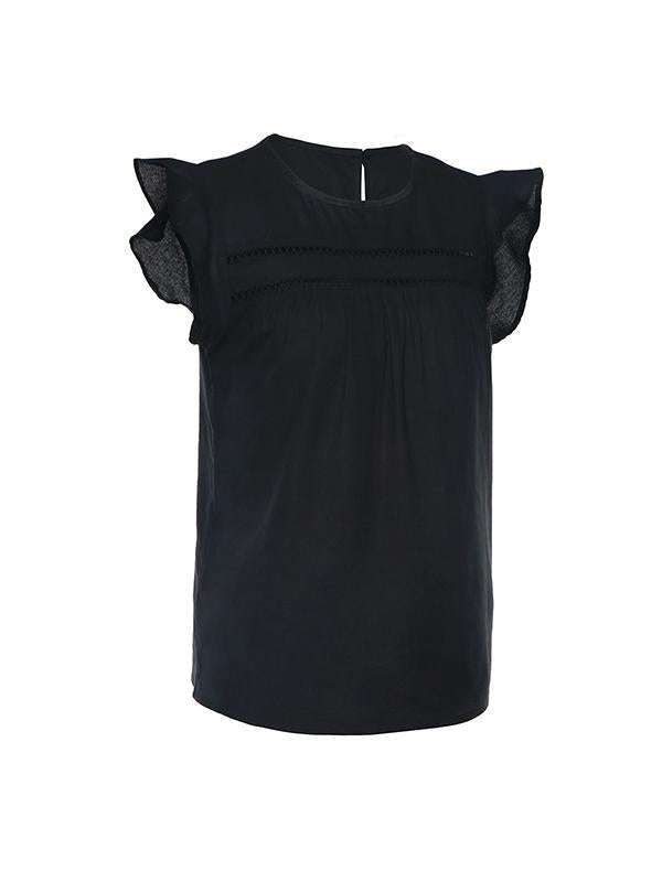 Plain color patchwork collar petal short sleeve T-shirts