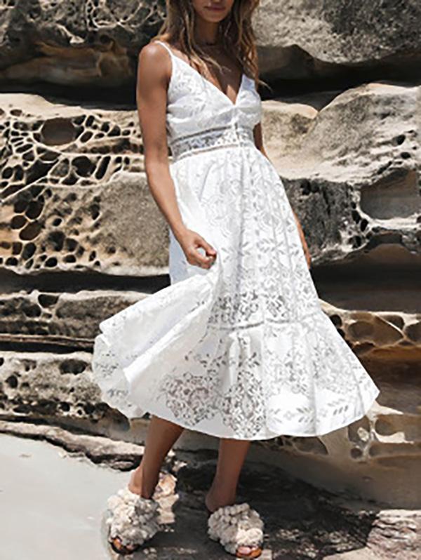 Pretty Hollow Spaghetti-neck V Neck Midi Dresses