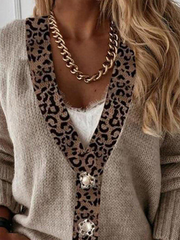 Plus size Leopard V Neck Casual Knitted Outerwear