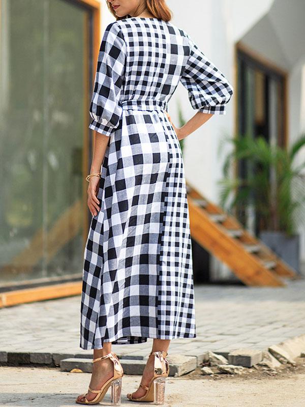 Plaid half Sleeve Vintage Maxi Dresses