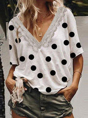 Polka dot lace patchwork v neck women fashion T-shirts