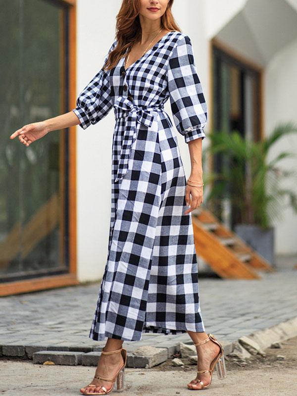 Plaid half Sleeve Vintage Maxi Dresses