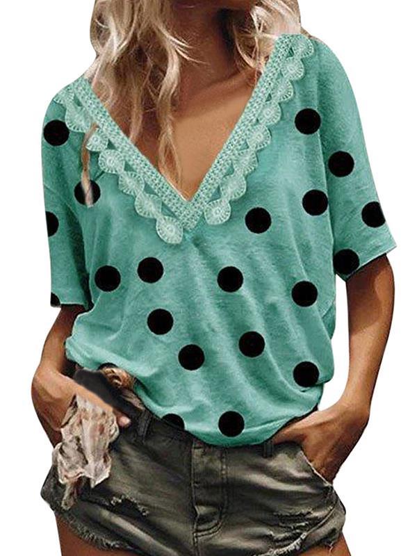 Polka dot lace patchwork v neck women fashion T-shirts