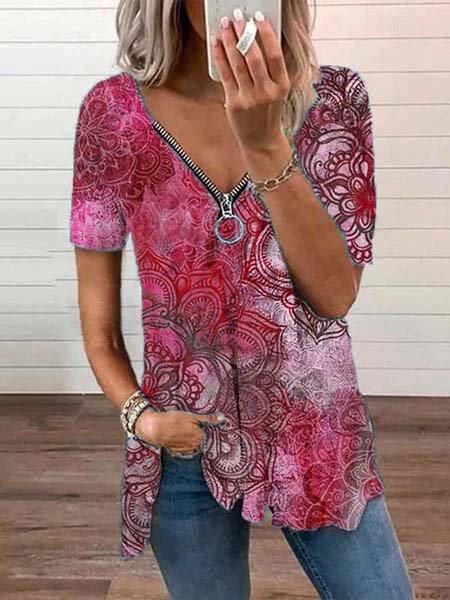 Printed Short Sleeve Casual V Neck Shirts & Tops