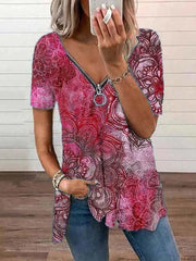 Printed Short Sleeve Casual V Neck Shirts & Tops