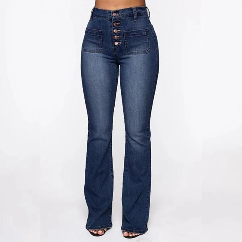 Washed High Waist Button Boot-Cut Jeans