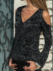 Printed v-neck off shoulder long sleeve T-shirts