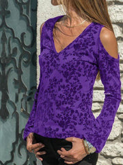 Printed v-neck off shoulder long sleeve T-shirts