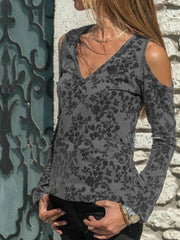Printed v-neck off shoulder long sleeve T-shirts