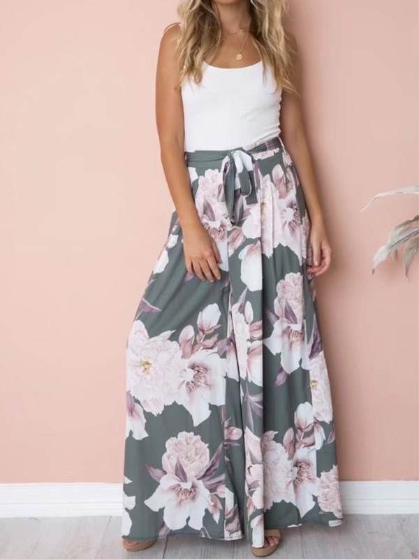 Print loose wide leg trousers for women Tie Waist Long Pants