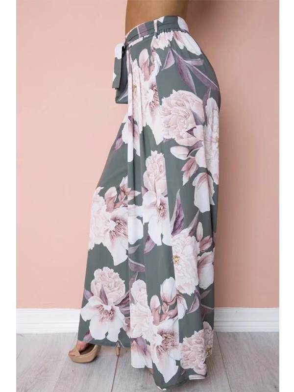 Print loose wide leg trousers for women Tie Waist Long Pants