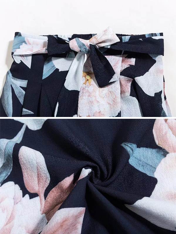 Print loose wide leg trousers for women Tie Waist Long Pants