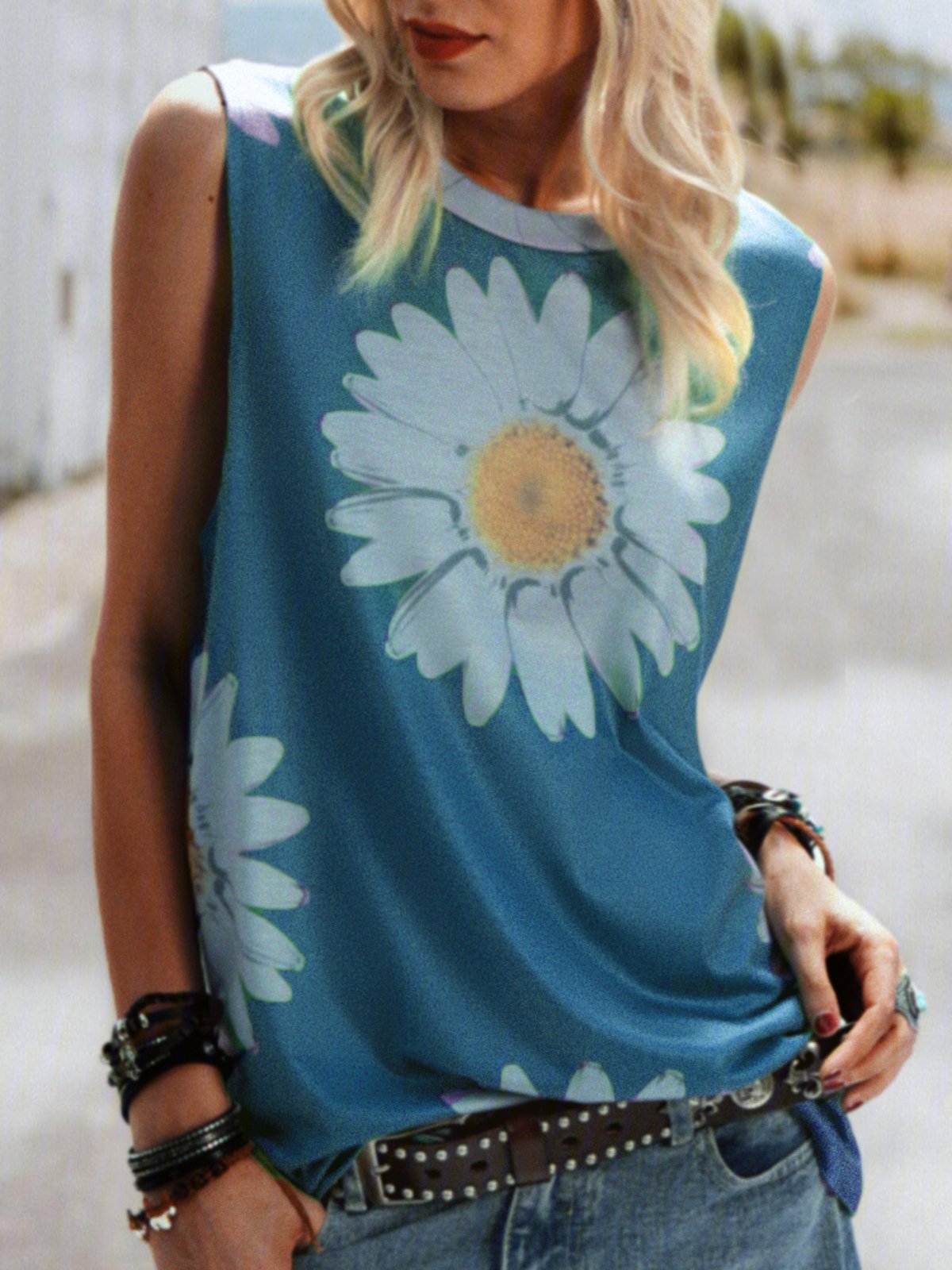 Plus size Floral Casual Sleeveless Shirts & Tops