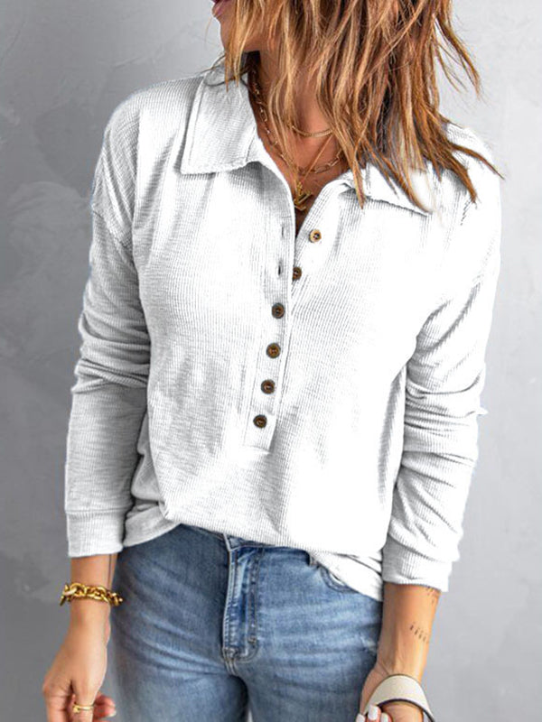 Plain turn down neck button design women blouses