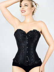 Black Brocade Sweetheart Corset With Ruffle Trim