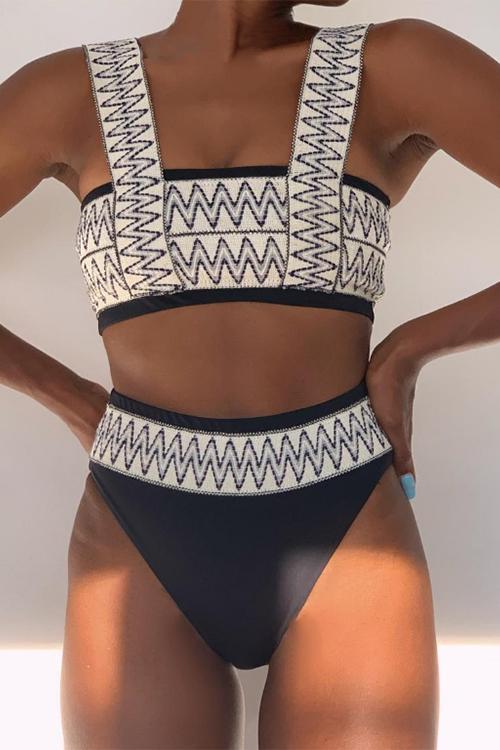 Stripe Patchwotk High Waist Bikini Set