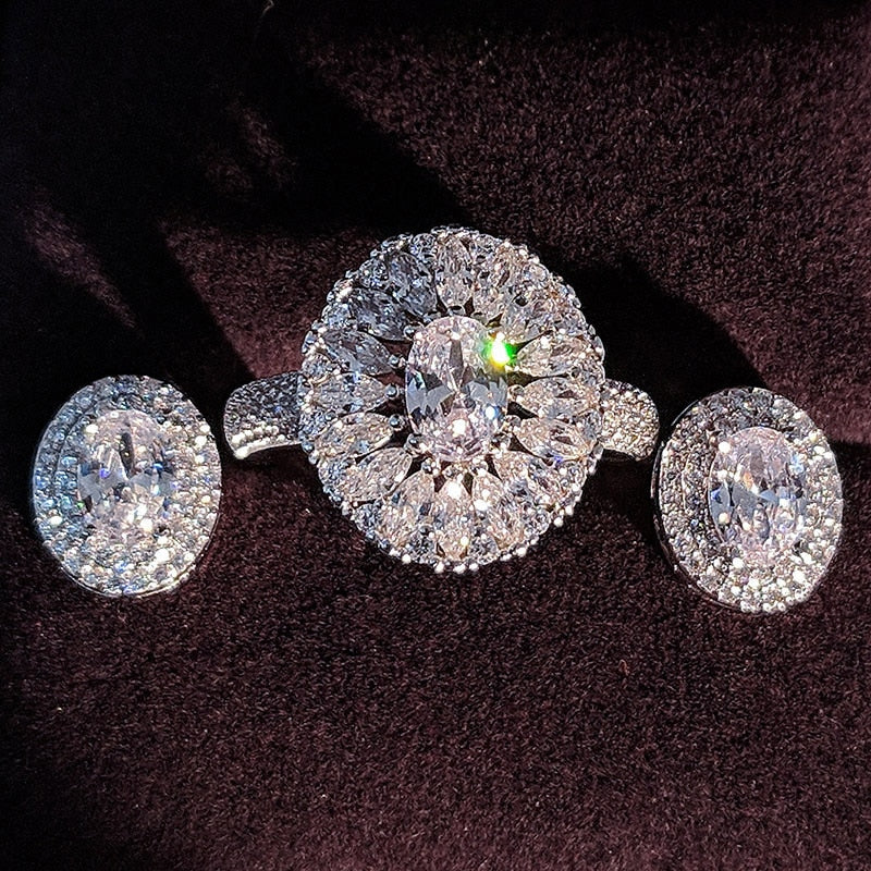 Sterling Silver Jewelry Set Halo Engagement Ring Round Stud Earring For Gift O