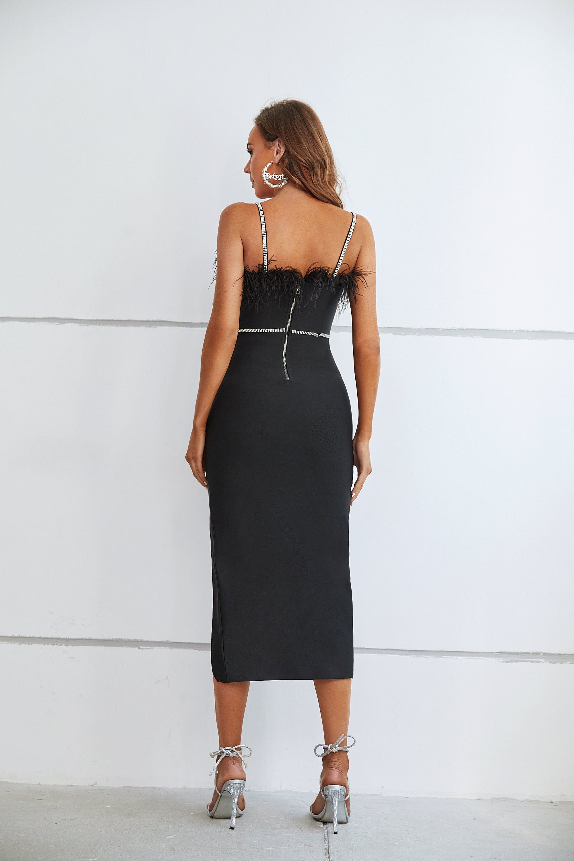 Amoura Slit Feather Midi Bandage Dress - Black