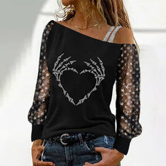 One off shoulder chic long sleeve black printed T-shirts