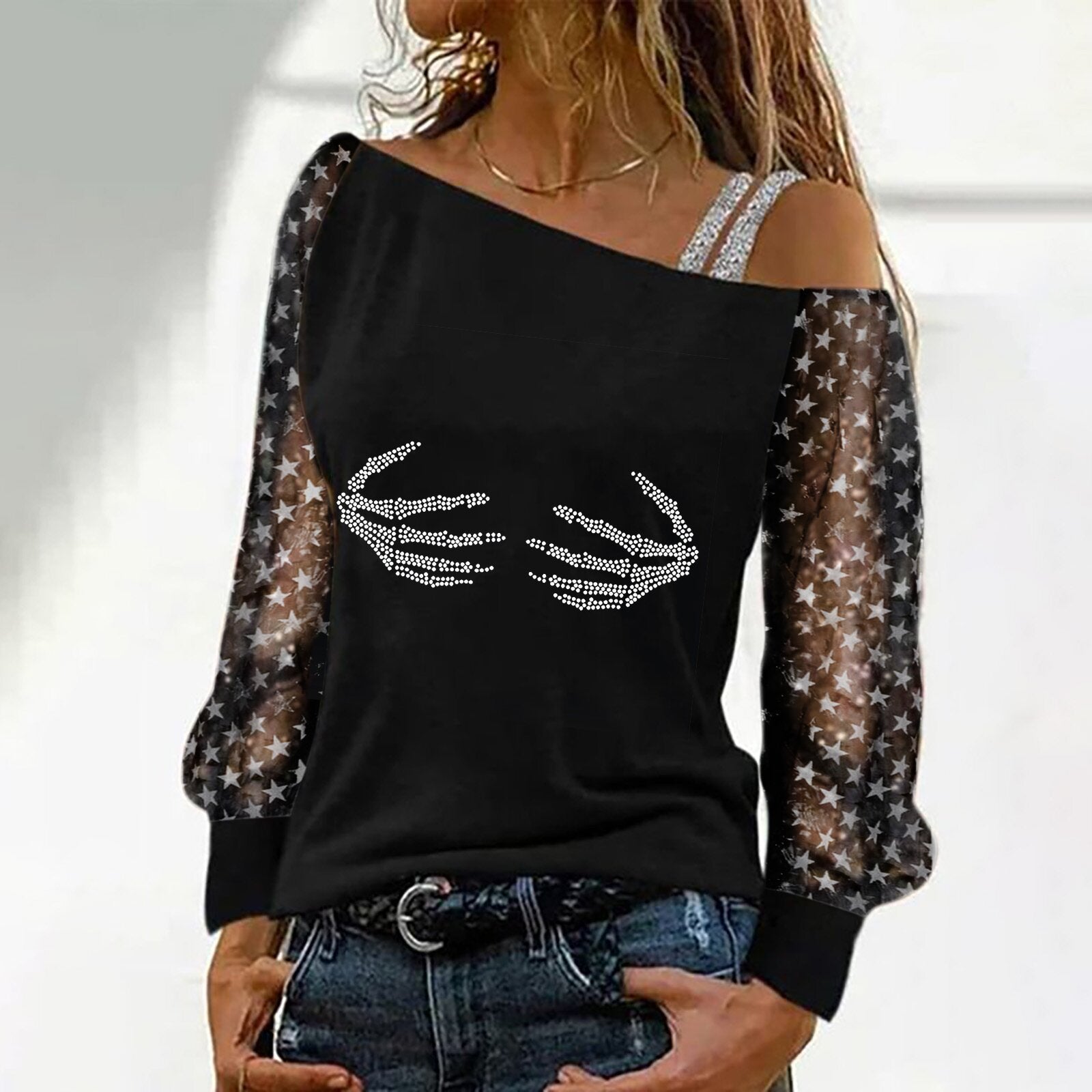 One off shoulder chic long sleeve black printed T-shirts