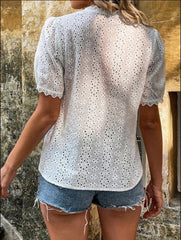 Pure color v neck lace short sleeve blouses