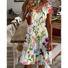 Printed Chic women short sleeve  petal collar Shift Dresses