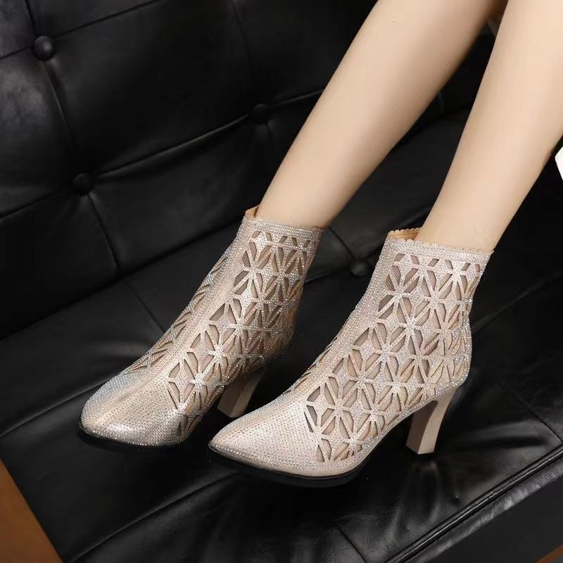 Hollow Pointed Rhinestone Boots