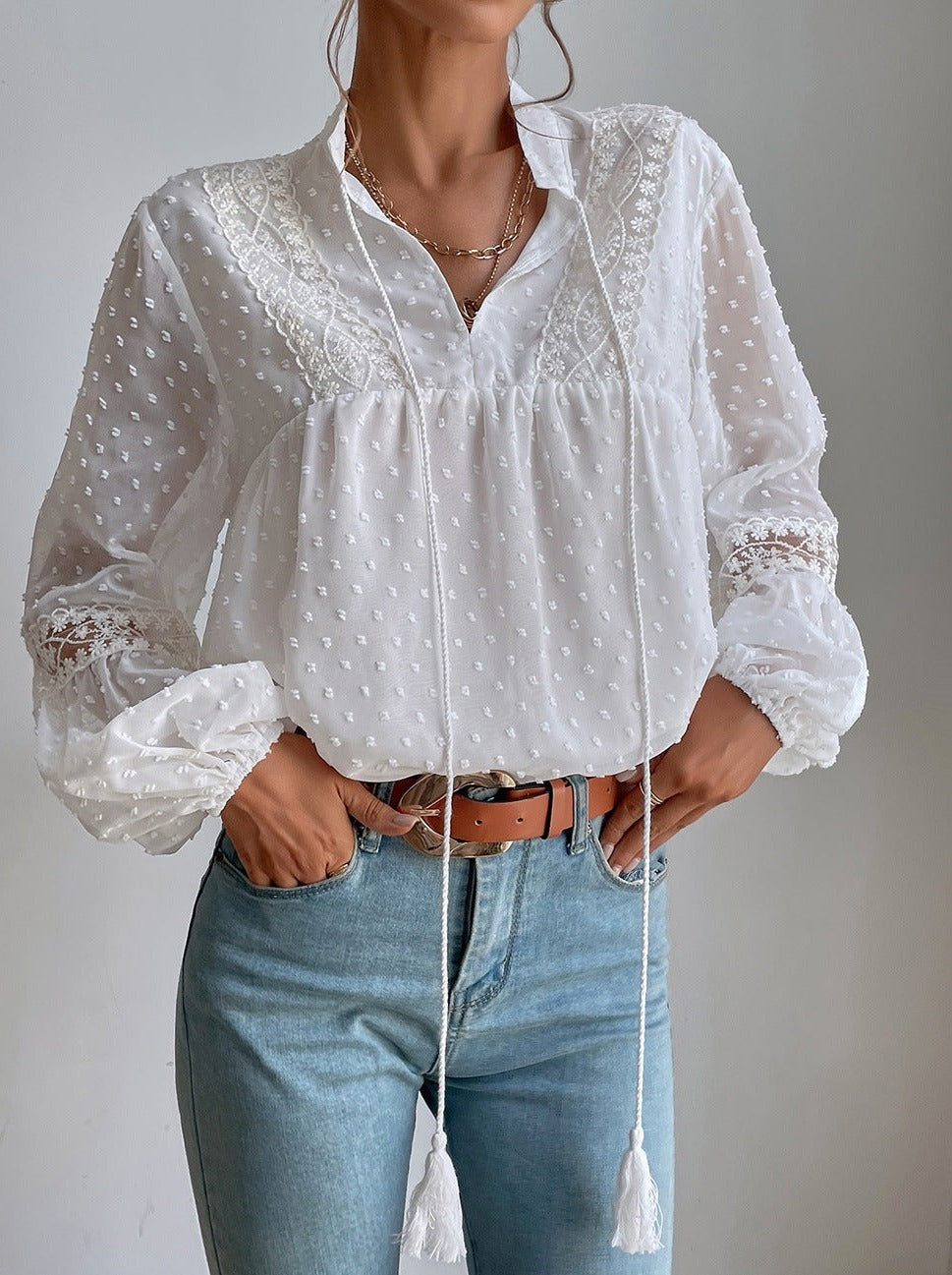 Polka Dot Chiffon Lace Panel Loose Blouses