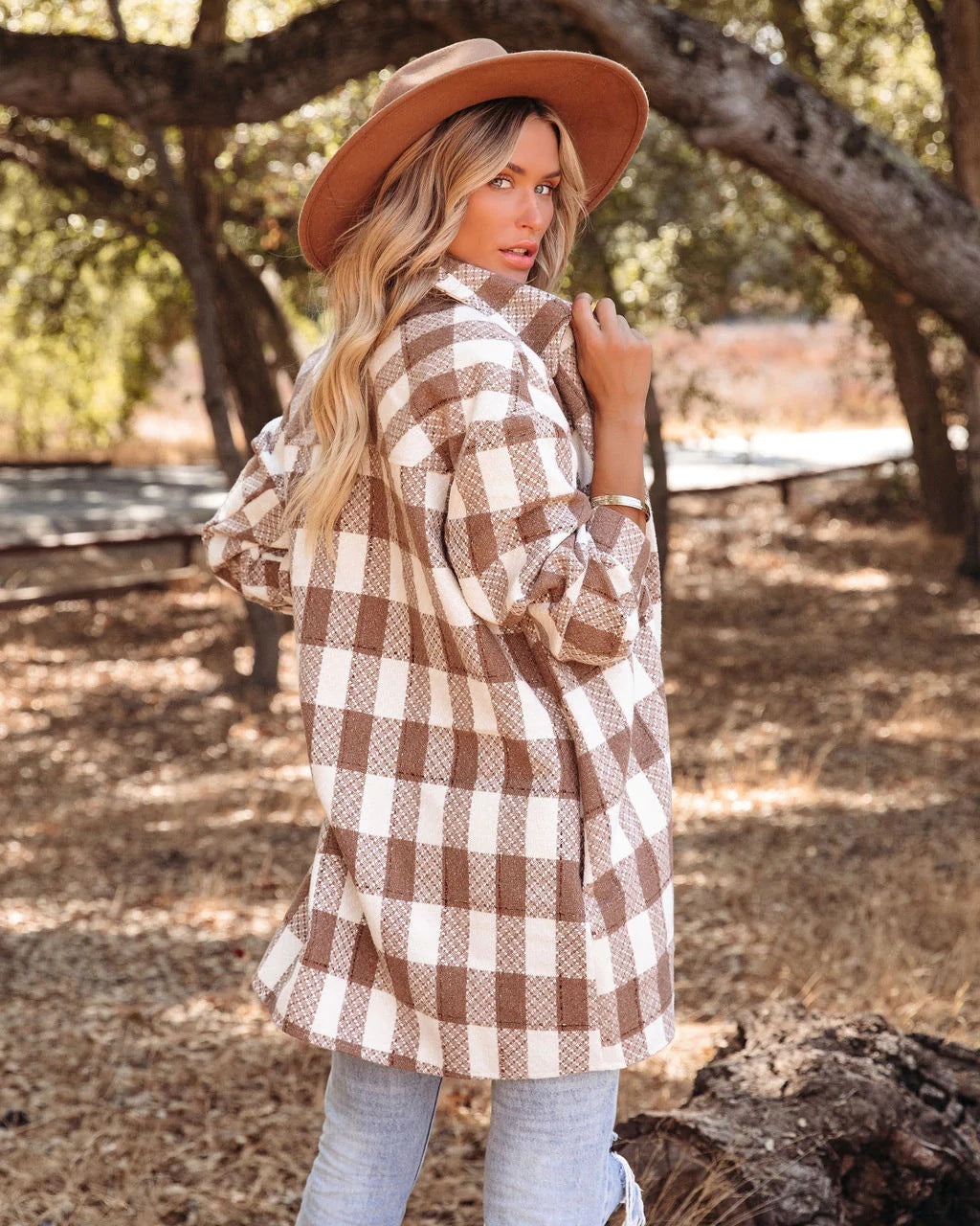 Plaid Grid Long Jacket Turn down neck pockets long blouses