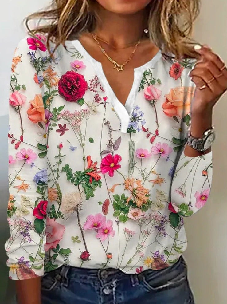 Printed v-neck long-sleeved t-shirts top