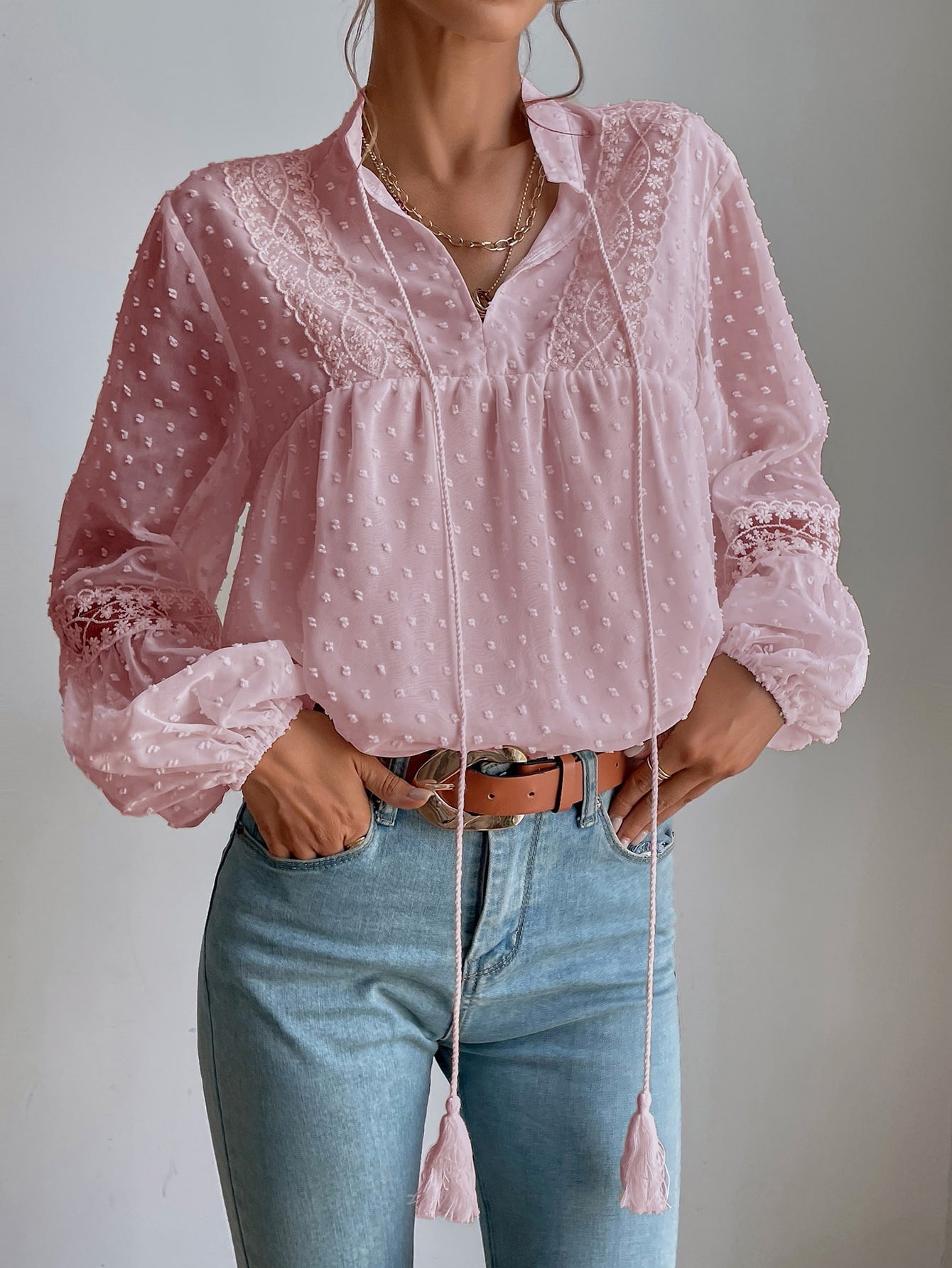 Polka Dot Chiffon Lace Panel Loose Blouses