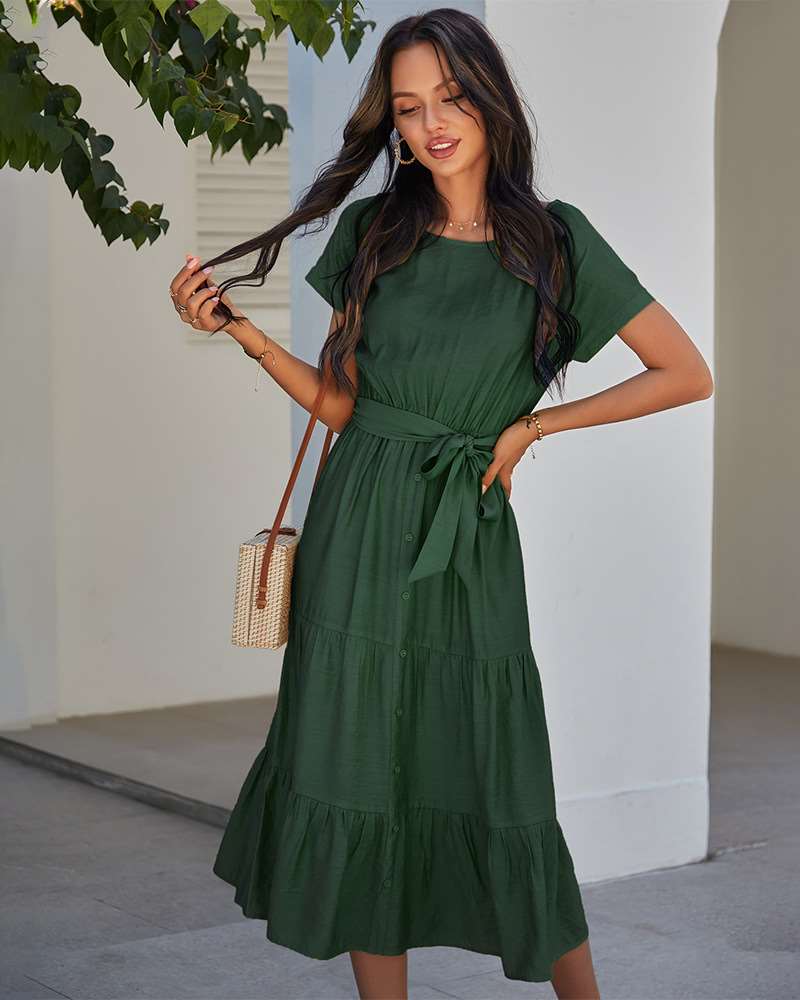 Pure Casual Round neck Short sleeve Lacing Skater Dresses