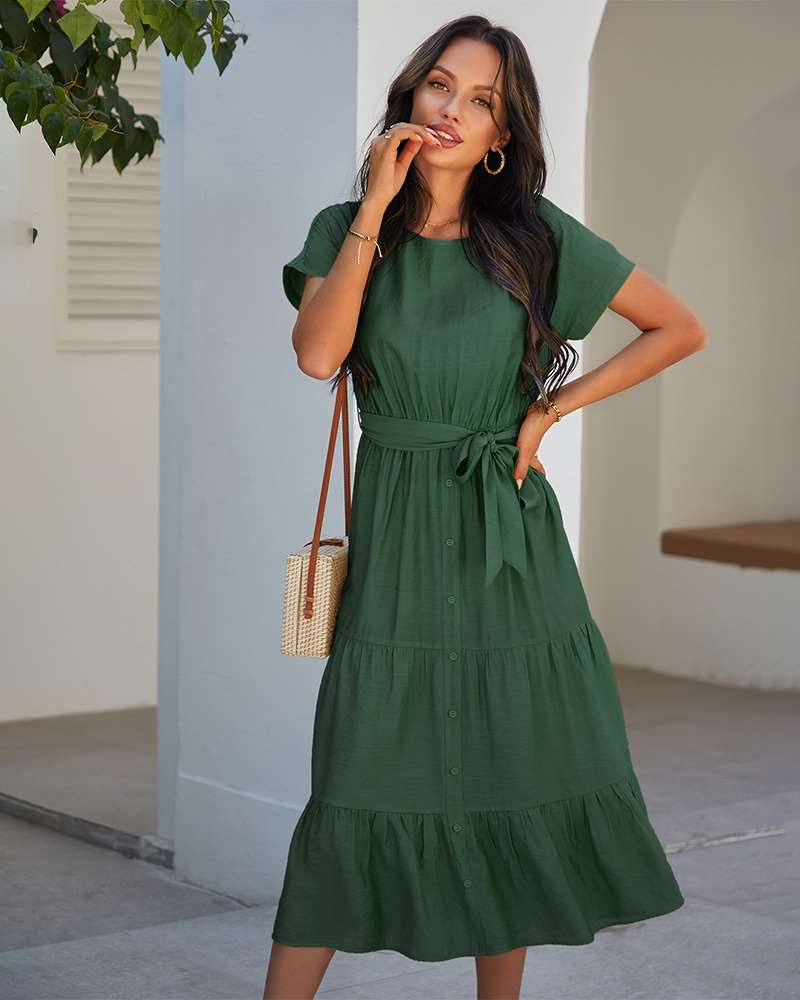 Pure Casual Round neck Short sleeve Lacing Skater Dresses