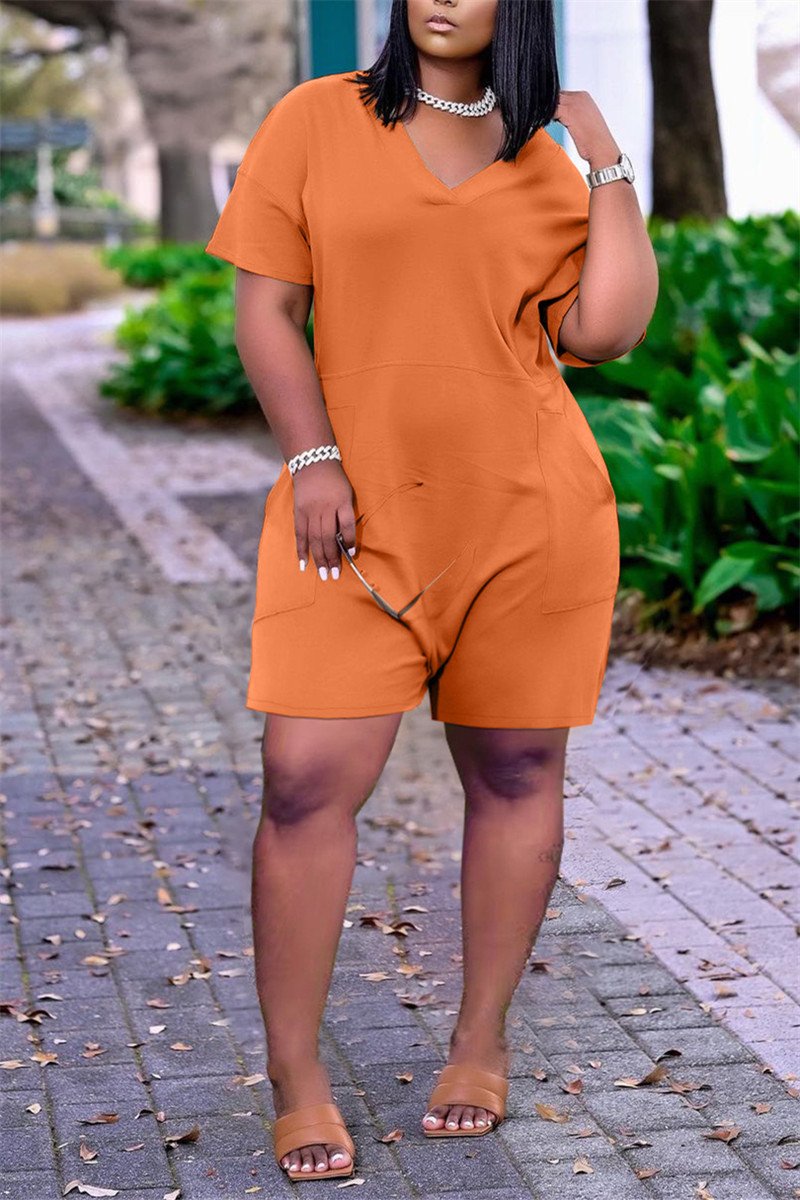 V Neck Solid Color Short Sleeve Pocket Romper